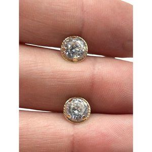 14K Gold and Clear CZ Studs Earrings Round Pierced Small Earrings Yellow Gold